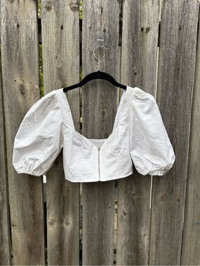 Women's White Puff-Sleeve Cropped Top with Square Neck